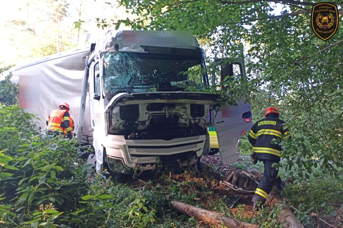 Mezi Loučkou a Haluzicemi havaroval kamion. Vůz se zastavil až na kraji lesa